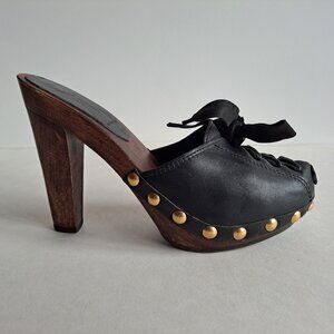 Miu Miu Black Leather Shoes Sandals with Wooden Sole Size 35.5